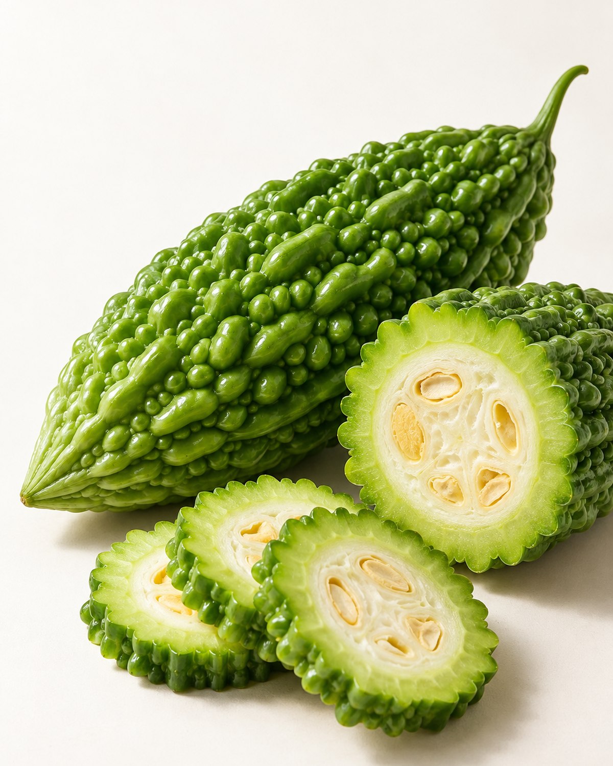 Bitter melon, whole and cut open