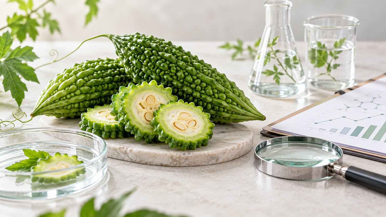 Bitter melon with a scientific laboratory theme